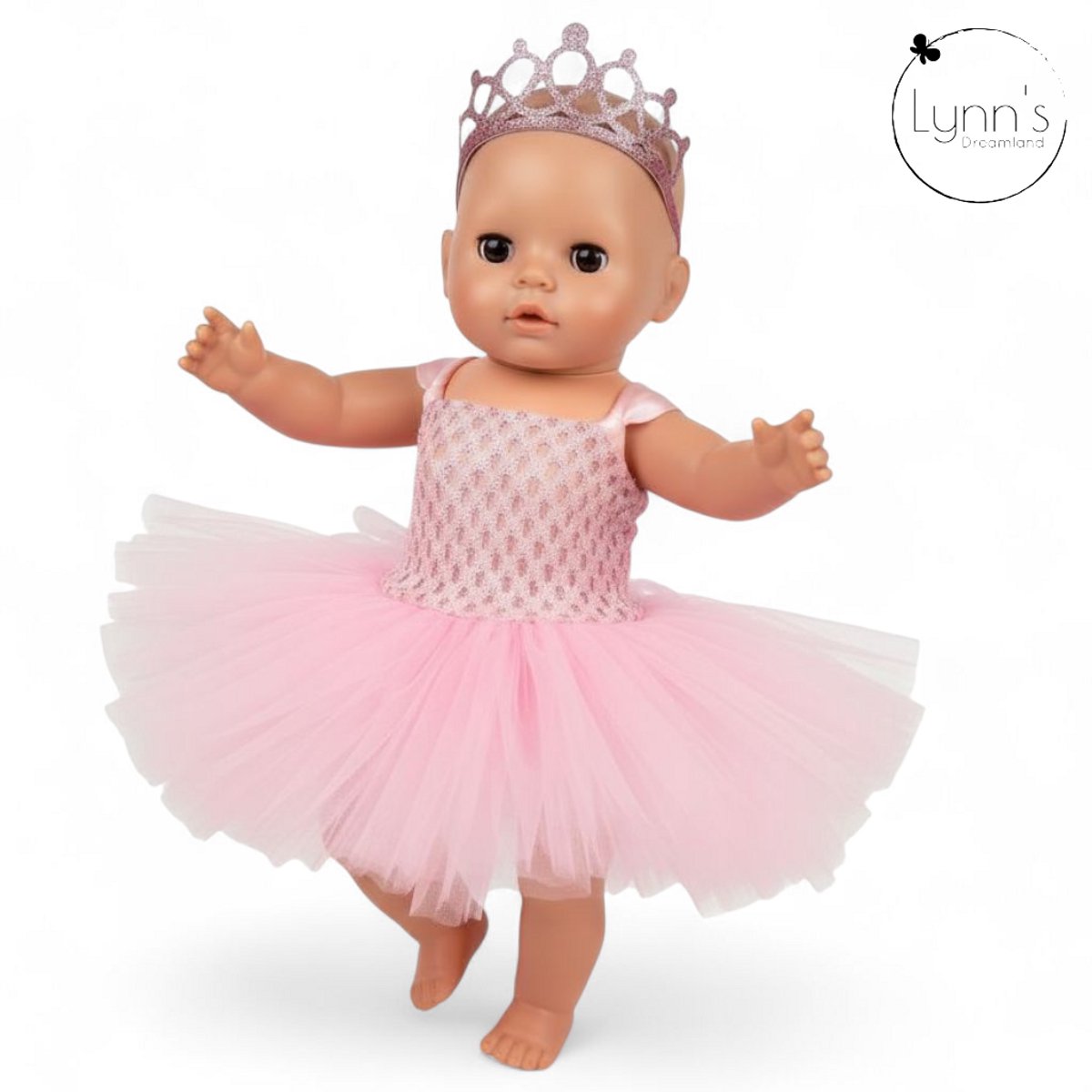 Lynns poppenkleertjes - Geschikt voor Babypop - Ballerina jurk met kroon - Outfit voor 43cm pop - Roze jurk met wijde tutu en grote strik - In cadeauzakje